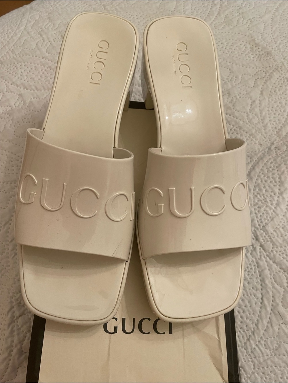 Gucci Cream Patent Logo Slide Mules
